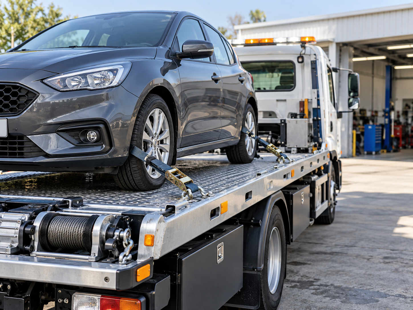 Carro preso com segurança em plataforma de guincho